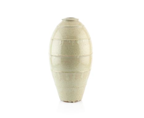 Phil Rogers (1951-2020) Large vase light green speckled glaze, the body with horizontal bands impressed potter's seal 42cm hi