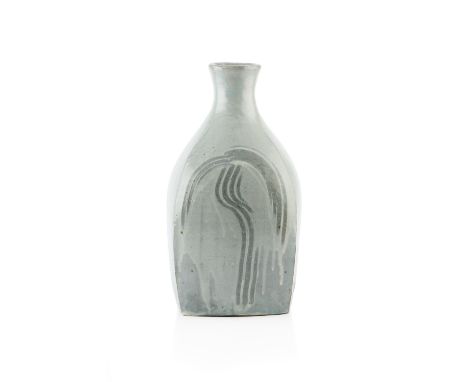Trevor Corser (1938-2015) at Leach Pottery Large square form vasewith brushwork motif of a tree, on grey glazed groundimpress