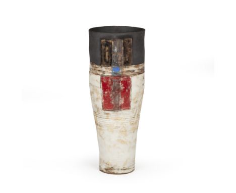 Robin Welch (1936-2019) Large vesseloatmeal glaze with black rim, with coloured glaze applied on the topimpressed potter's se