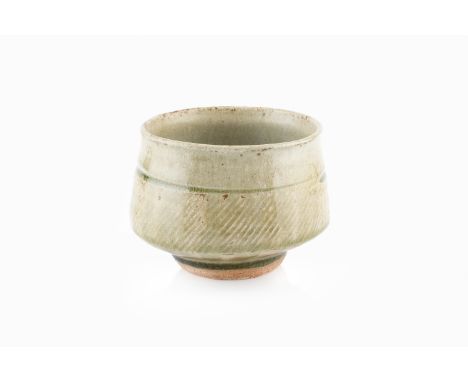 Phil Rogers (1951-2020) Small bowlstoneware, with ash glaze, with central band and feathered decoration to the lower portion 