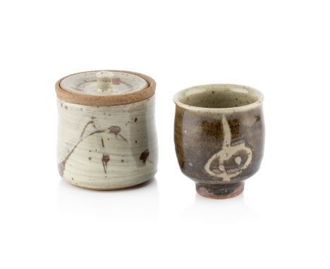 Kenneth Quick (1931-1963) at Leach Pottery Yunomi and a pot and coverthe yunomi with dark green glaze, the pot and cover with