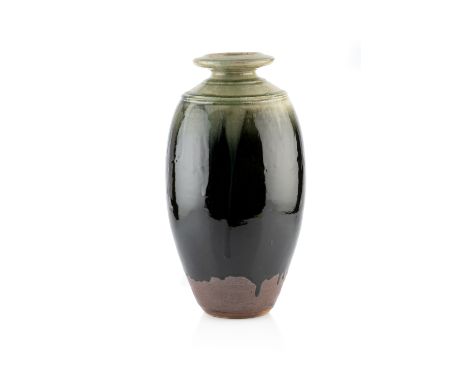 Richard Batterham (1936-2021)Large vasewith facet cut shoulders, with graduating ash to darker ground glazeunmarked42cm high.