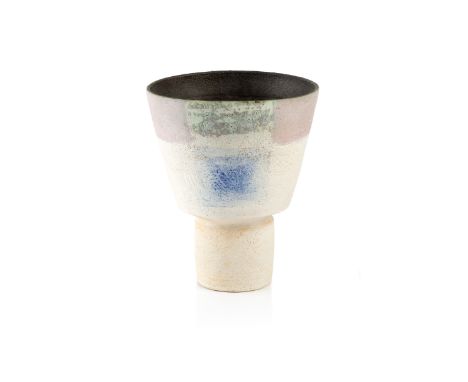 Robin Welch (1936-2019) Footed spade bowlstoneware, with purple banded rim on white groundimpressed potter's seal mark to the