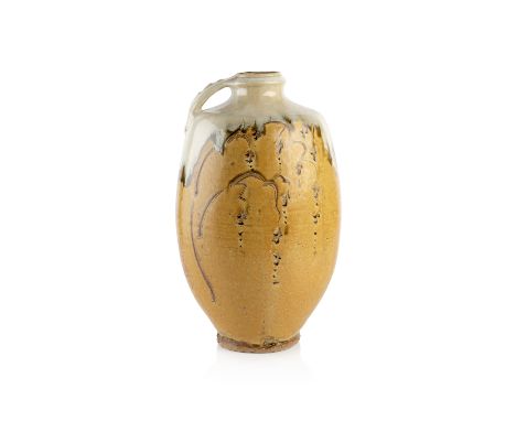 Jim Malone (b.1946) at Lesson Hall Pottery Large bottle vasewith strap handle to the top, the top/neck with drip glaze on a h