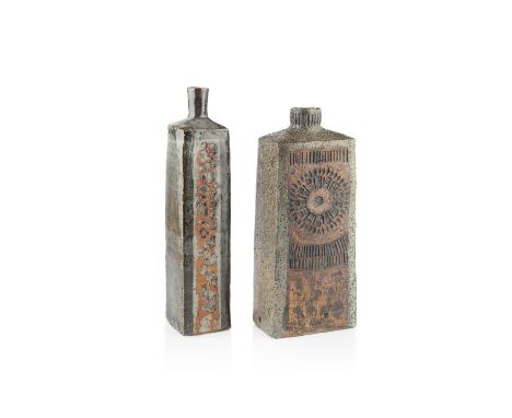 Alan Wallwork (1931-2019)Four totem-form vasesstonewaretwo with incised initials18cm, 22cm,34cm, and 31cm high (4).