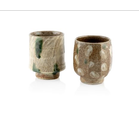 William 'Bill' Marshall (1923-2007) Two Yunomione with applied slip glaze and iron green drips, the other stoneware with slip