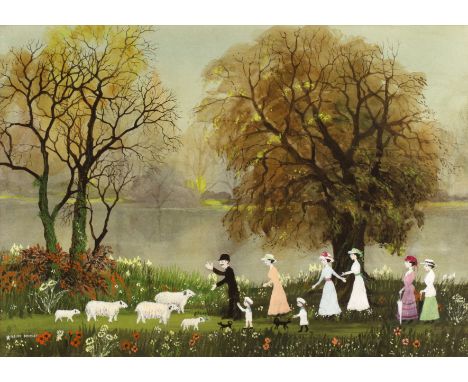 Helen Layfield Bradley (1900-1979)We Met Some Sheep on the Path by the River Wyresigned and with fly insignia (lower left), i