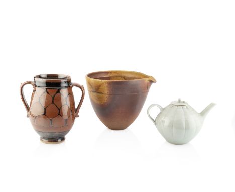 Robin Welch (1936-2019)Pouring vesselimpressed potter's seal18cm high; together with a Derick Emms twin-handled vase and a ce
