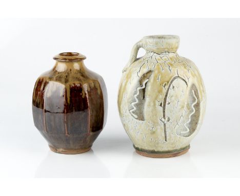 Mike Dodd (b.1943) Vase and a flaskthe vase with facet cut sides and drip glaze, the stoneware flask with incised decorationt