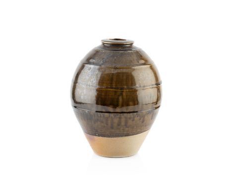 Phil Rogers (1951-2020) Large vasedark green ash glaze, the body with horizontal bands impressed potter's seal 34cm high.  So