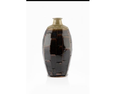 Phil Rogers (1951-2020)Faceted vasewith ash glazed neck, with tenmoku iron glazed to the body with facet cut decoration throu