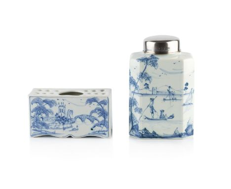 Deborah Sears at Isis PotteryTea caddy and a flower brickdecorated in blue and white, the caddy with a hallmarked silver tops