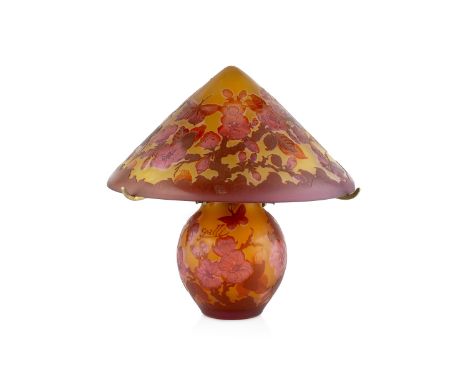 Manner of Émile Gallé (1846-1904)Cameo glass lamp, early 20th centuryacid-etched with foliate motifsin red and yellowbears 'G