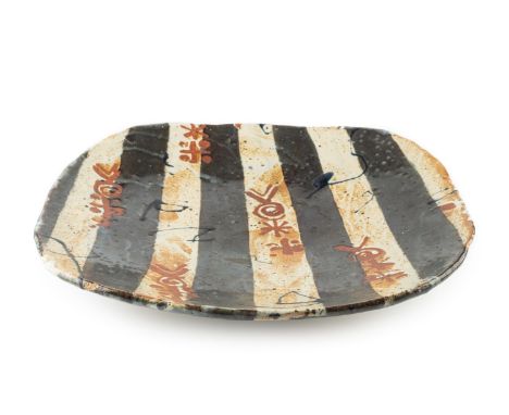 John Maltby (1936-2020)Large footed dishstriped glaze pattern with wax-resist motifsimpressed potter's seal34cm across.