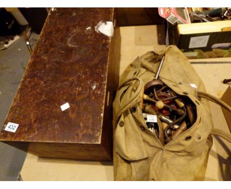 Wooden toolbox and bag of tools 