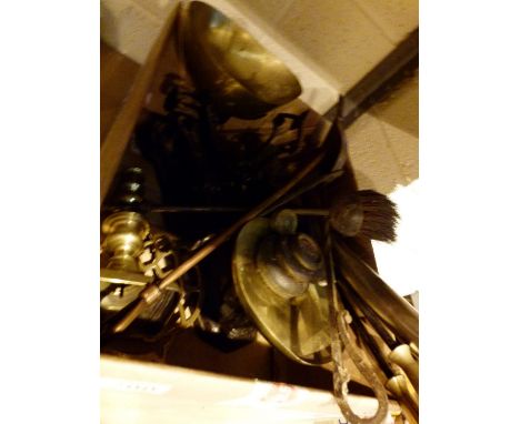 Box of metalware including brass scales 