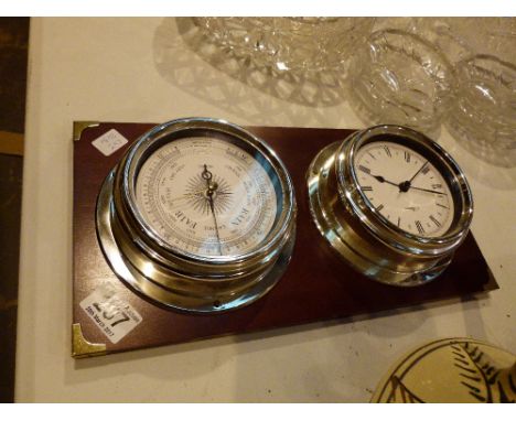 Mounted chromed wall clock and barometer