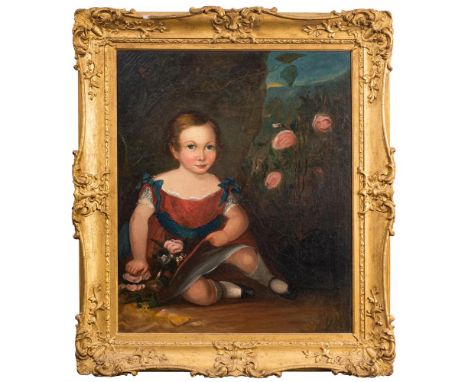 English Provincial School 19th Century-Portrait of a child with pink roses,:-oil on canvas, 74 x 62cm.