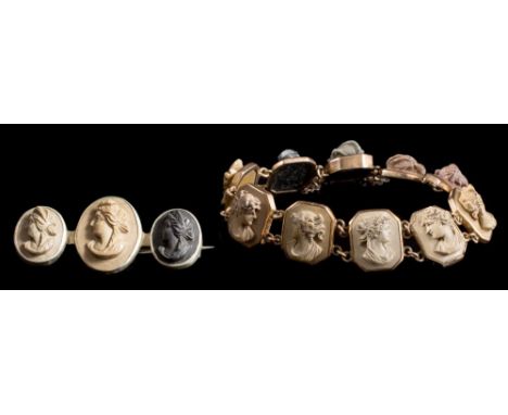A gilt metal and lava portrait relief panel bracelet: with ten octagonal panels, each approximately 15mm long and a similar b