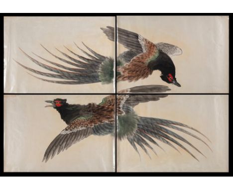 A large Japanese woodblock print in four parts: depicting flying pheasants, overall dimensions 128 x 188cm. 