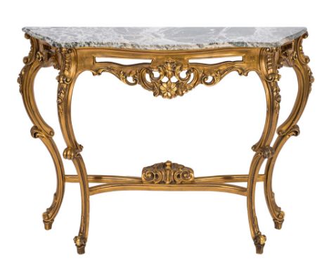 A contemporary giltwood serpentine fronted console table in the French style:, with a grey variegated marble top, the shaped 