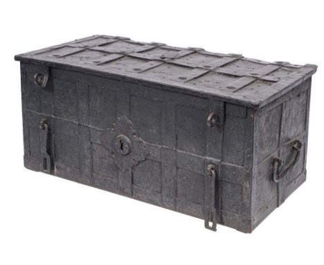 ! A 17th Century Nuremburg iron strong box:, with strapwork and boss ornament, the hinged top with intricate locking mechanis