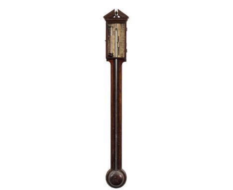 P. Roncoroni fecit, a mahogany stick barometer: the silvered dial engraved with usual barometer markings and signed with the 