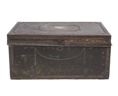 A 19th Century Anglo-Chinese camphorwood trunk:, leather covered and with brass banded and studded decoration, one side with 