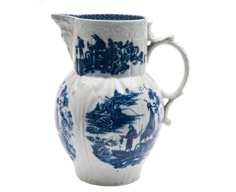 A Caughley blue and white cabbage leaf mask-head jug: printed in the 'Fisherman' pattern, circa 1780-85, 19cm.
