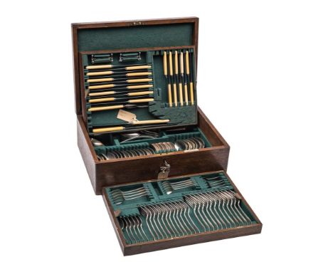 An extensive plated Hanoverian pattern part flatware service: includes twelve table forks, twelve dessert forks, six tablespo