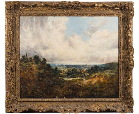 Manner of John Constable [19th Century]-An extensive heathland scene,:- cattle and figures in the foreground, pond and cottag