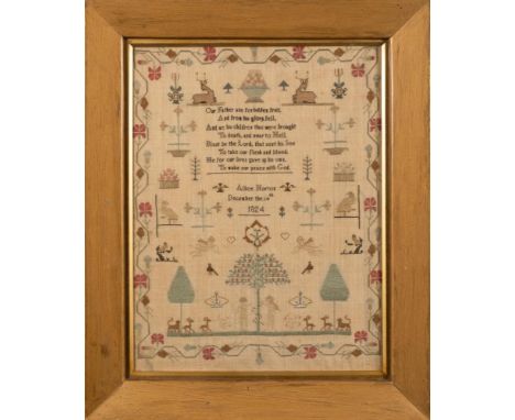 A George IV petit-point sampler: with central verse, Adam and Eve,  flowering shrubs, stags and other animals, angels and bir