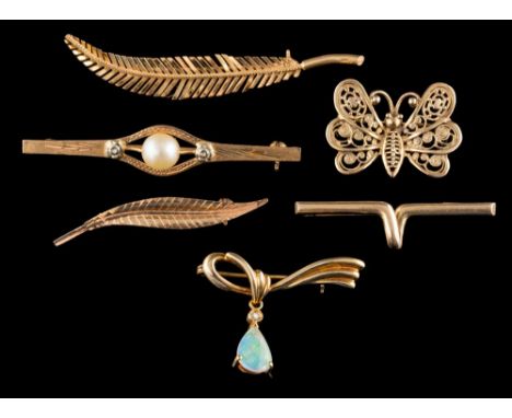 A group of brooches: including an opal set brooch; a butterfly brooch; and seven further brooches.