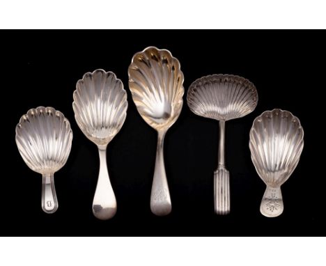 A George III silver caddy spoon, maker Edward Mayfield,  London, 1797: with shell-shaped bowl, 6.5cm long, together with four
