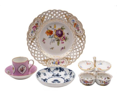 A mixed lot of Meissen and other Continental porcelain: comprising a basket pattern dessert plate painted with floral bouquet