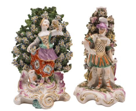 A Derby bocage figure of a girl and a similar figure of Mars: the girl holding a posy in her left hand with another in the fo