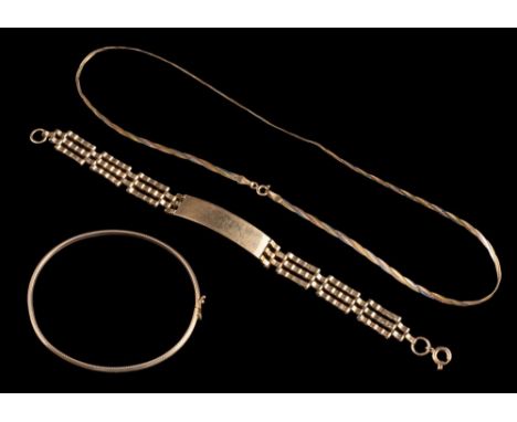 A 9ct gold bangle, a 9ct gold three colour necklace and a 9ct gold watch strap: approximately 14gms gross weight. 