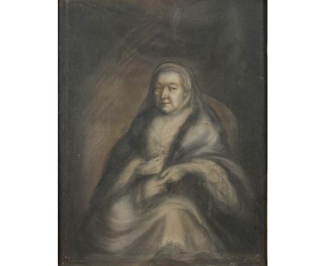 English School 18/19th Century-Portrait of Mrs Waller, in old age,:-half-length seated, charcoal drawing laid on canvas, 57 x
