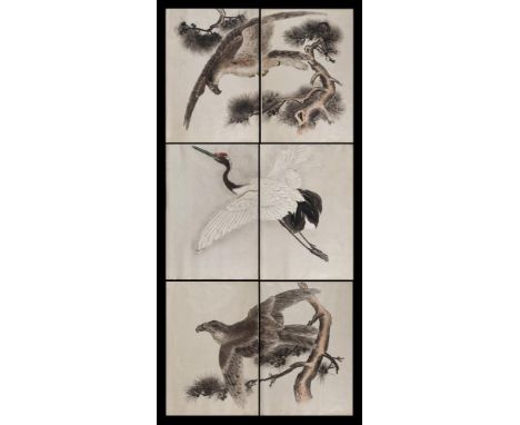 A large Japanese woodblock print in two parts: depicting a flying crane, 94 x 130, together with two other prints in two part