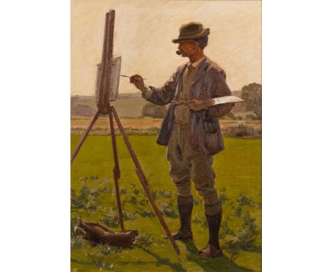 British School early 20th Century-The Artist, en plein air,:-oil on canvas, 70 x 50cm,verso a portrait study.