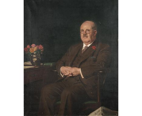 * Stuart Scott Somerville [1908-1983]-The Bank Manager; portrait of a gentleman three-quarter length, wearing a brown three-p