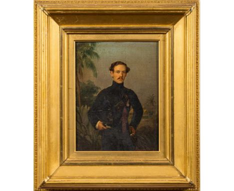 Ferdinand Krumholtz [1810-1878]-Portrait of a Fusilier Officer, three-quarter length standing,:-wearing a Military General Se
