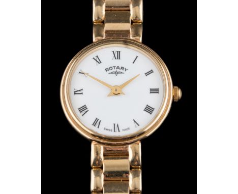 Rotary. A lady's 9ct gold Rotary wristwatch: the circular dial with Roman numerals on integrated 9ct gold flexible bracelet, 
