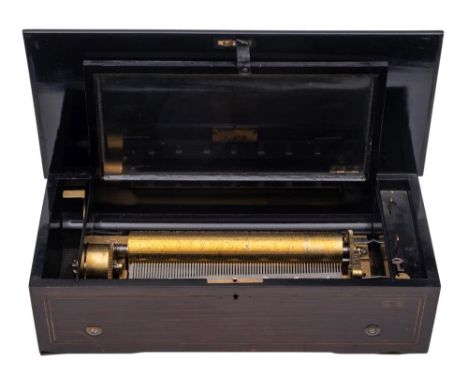 A 19th century Swiss musical box:  playing various airs, the 27.5cm lever wound cylinder turning to steel comb,  contained in