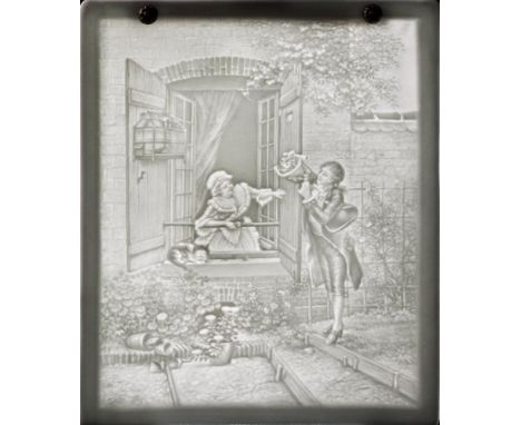 Five French lithophanes: comprising an interior with a lady leaning on a trunk; a girl outside a cottage; lovers in a woodlan