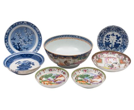 A mixed group of Chinese porcelain, Kangxi and later: including a blue and white saucer painted with lotus and peony issuing 