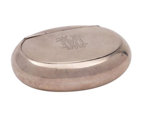 A George V silver snuff box, maker John Edward Wilmot, Birmingham, 1910: monogrammed, of oval outline with hinged lid enclosi