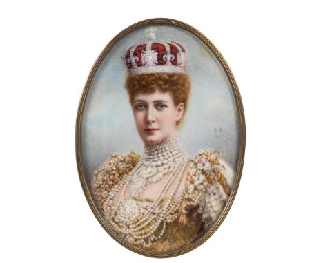 Kate Harriett Harris [1874-1908]-A miniature portrait of Princess Alexandra of Denmark,:-head and shoulders, signed with init