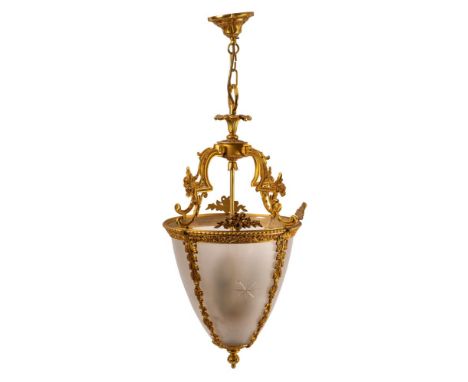 A gilt metal and frosted glass pendant light: with central stem and four foliate scrolling branches supporting the corona wit