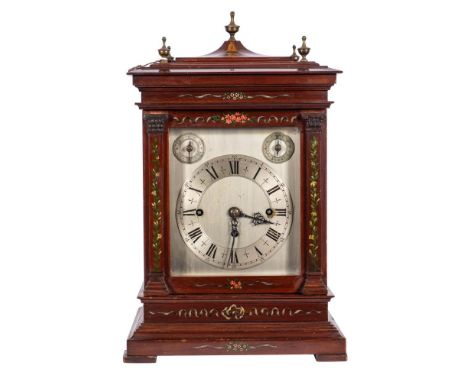 A painted mahogany chiming bracket clock: having an eight-day duration, triple-fusee movement chiming the quarters on four go